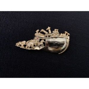 Noah's Ark AJC Signed Animals Bible Story Boat Pin Brooch Lapel Gold Tone
